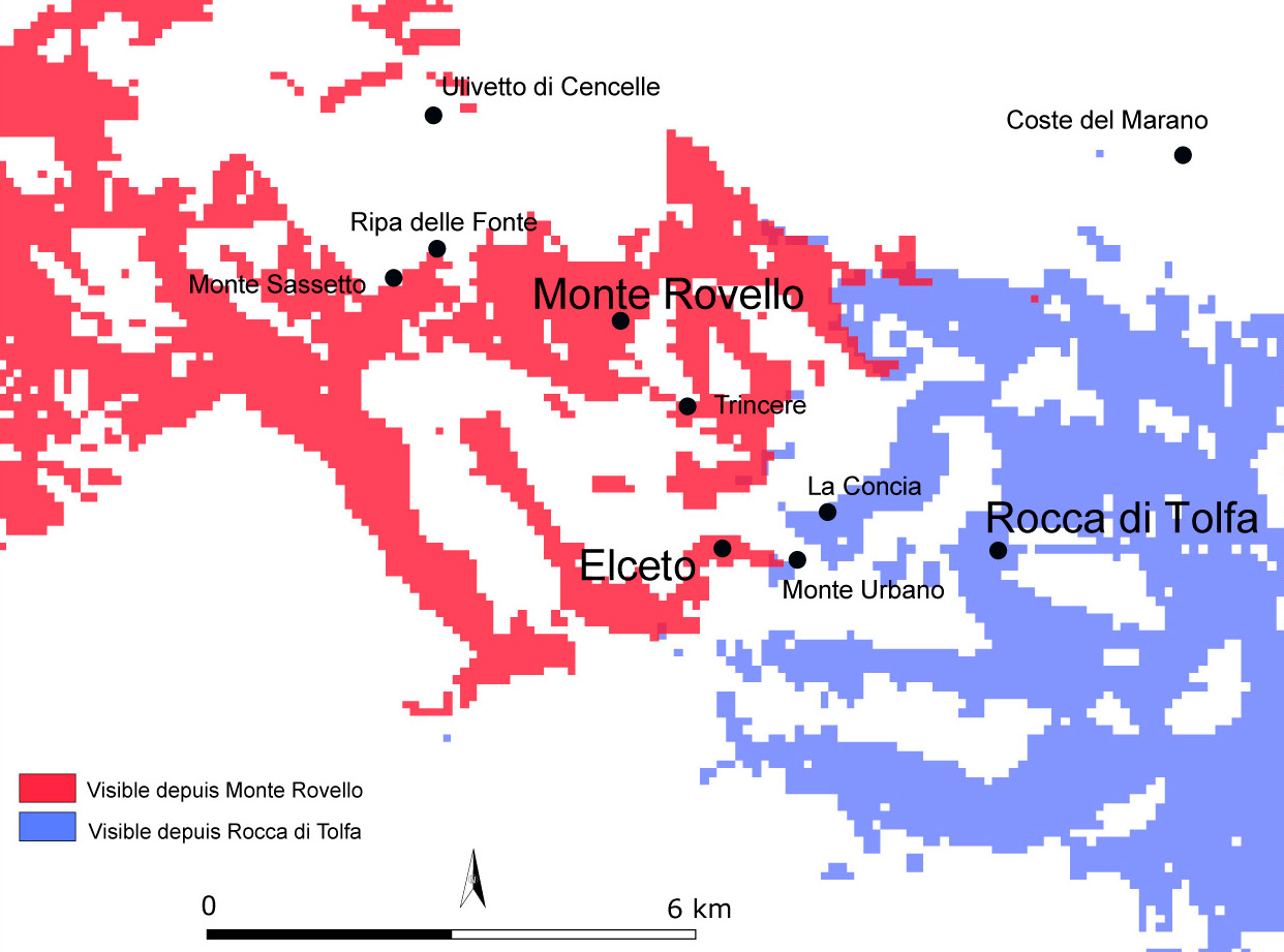 Fig. 4 – Extension maximale des champs de vision de Monte Rovello et La Rocca di Tolfa. Elceto se situe à la jonction entre ces deux habitats.