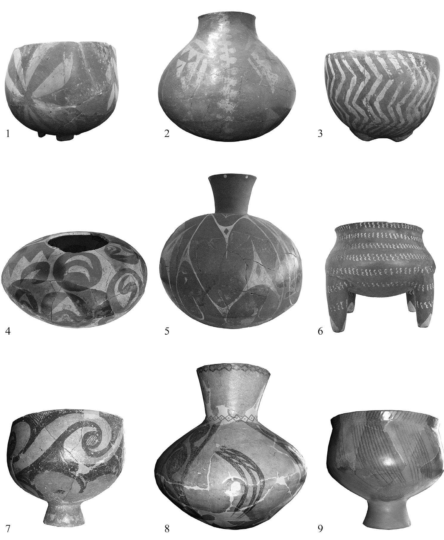 Fig. 2 – Early and Middle Neolithic painted pottery from the Republic of Macedonia. 1-3: Amzabegovo; 4-6: Veluška Tumba; 7-9: Madjari (photos by G. Naumov).