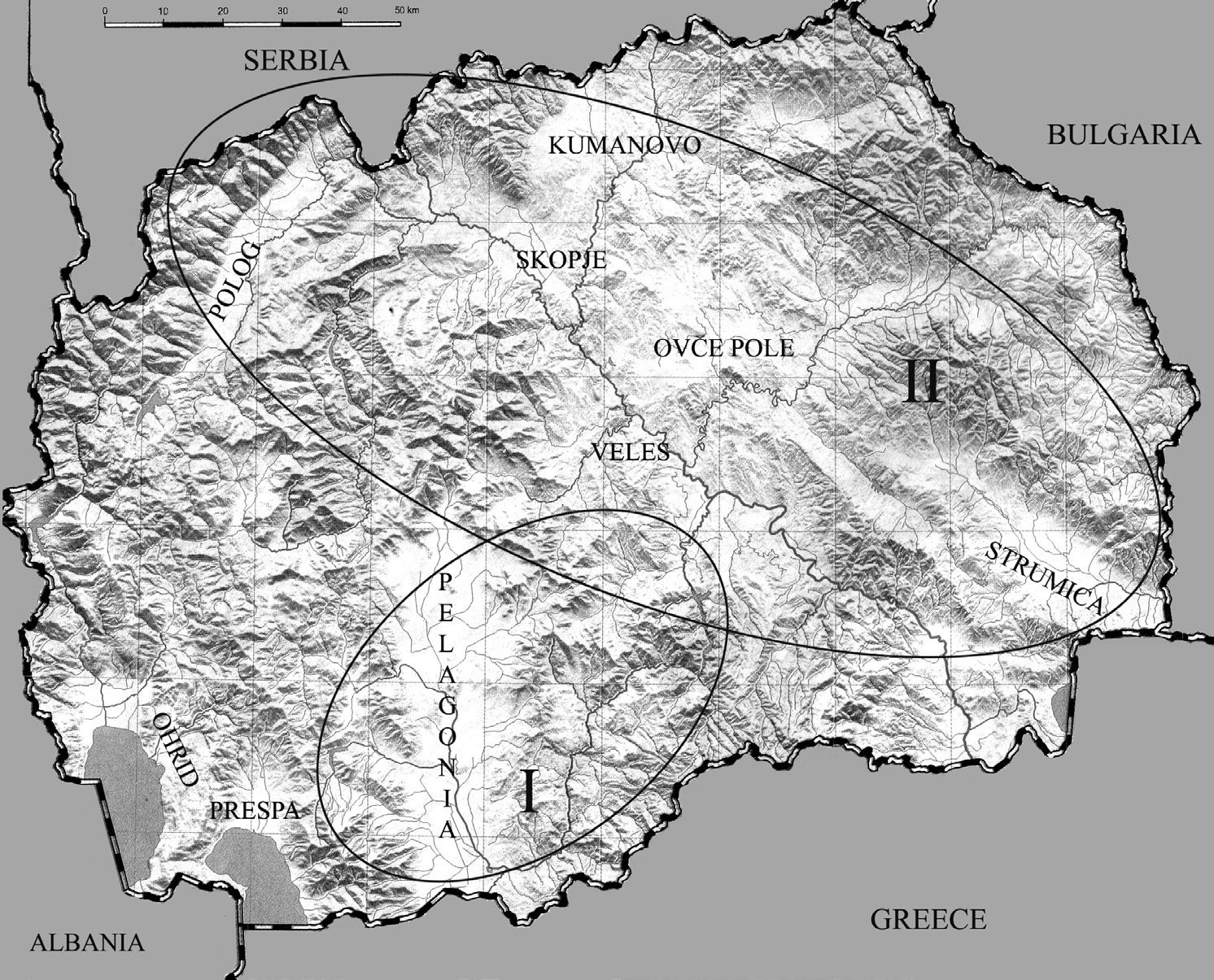 Fig. 6 – Regional cultural groups developed in Middle Neolithic. I: Velušina-Porodin; II: Amzabegovo-Vršnik.