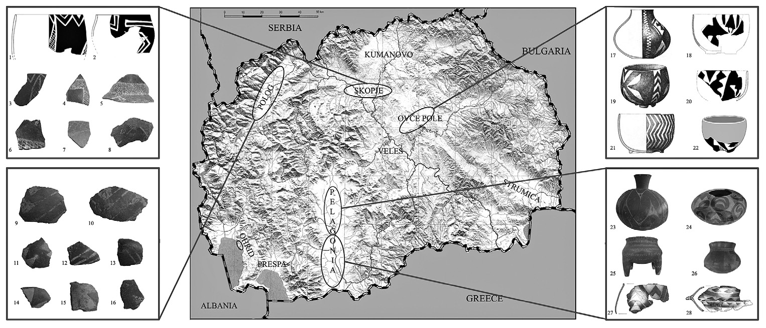 Fig. 11 – Regional Neolithic communities and their visual identities manifested through white painted pottery (design by G. Naumov). Skopje region (1-5: Govrlevo, 6-8: Zelenikovo); Polog (9-15: Sten?e, 16: Dolno Pal?ište); Ov?e Pole (17-21: Amzabegovo, 22: Nemanjica); Pelagonia (23-26: Veluška Tumba, 27-28: Vrbjanska ?uka).