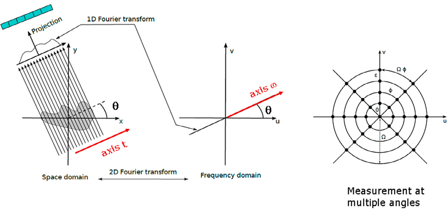 Fig. 2 – Reconstruction process with the Fourier-slice theorem. The parallel projection taken at an angle delivers via 1D Fourier transform a slice in the frequency domain. The combination of multiple Fourier transformed projections at different angles fills up the frequency domain. The 2D Fourier transform back in space domain yields the wanted 2D distribution.