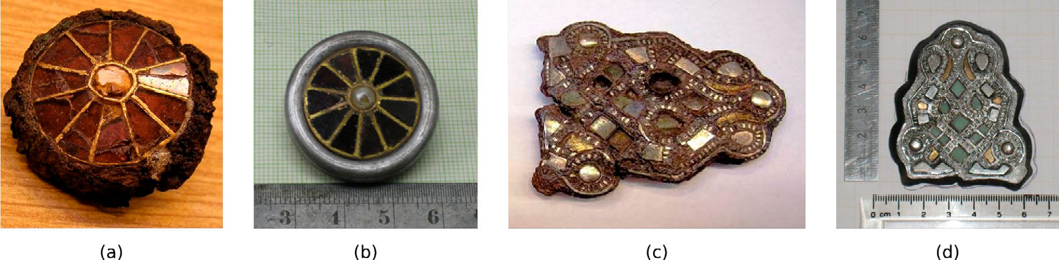 Fig. 4 – Some of the samples investigated during the Ancient Charm Project. (a) Fibula found at the Kölked-Feketekapu site, Hungary. Dated to the end of 6th century. (b) Replica of the fibula. (c) Belt mount found in Környe, Hungary. Dated to the middle of 7th century. (d) Belt replica (original objects provided by the Hungarian National Museum; replicas provided by the Mineralogisch-Petrologisches Institut, Universität Bonn).