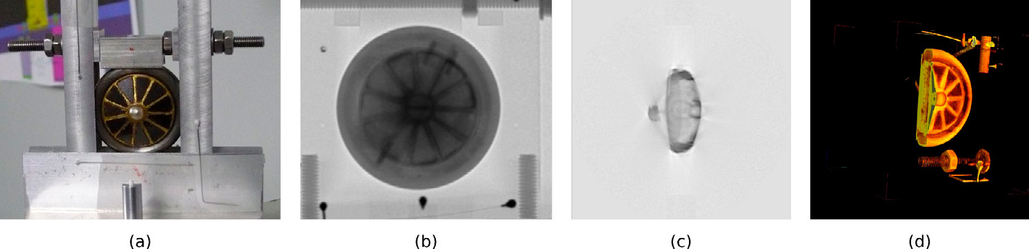 Fig. 5 – Steps in the tomography process. (a) Fibula replica in sample holder used for the measurements. (b) Radiography of the fibula replica at 0°. (c) Reconstructed slice obtained with the filtered backprojection algorithm. (d) Visualisation of the complete tomography.