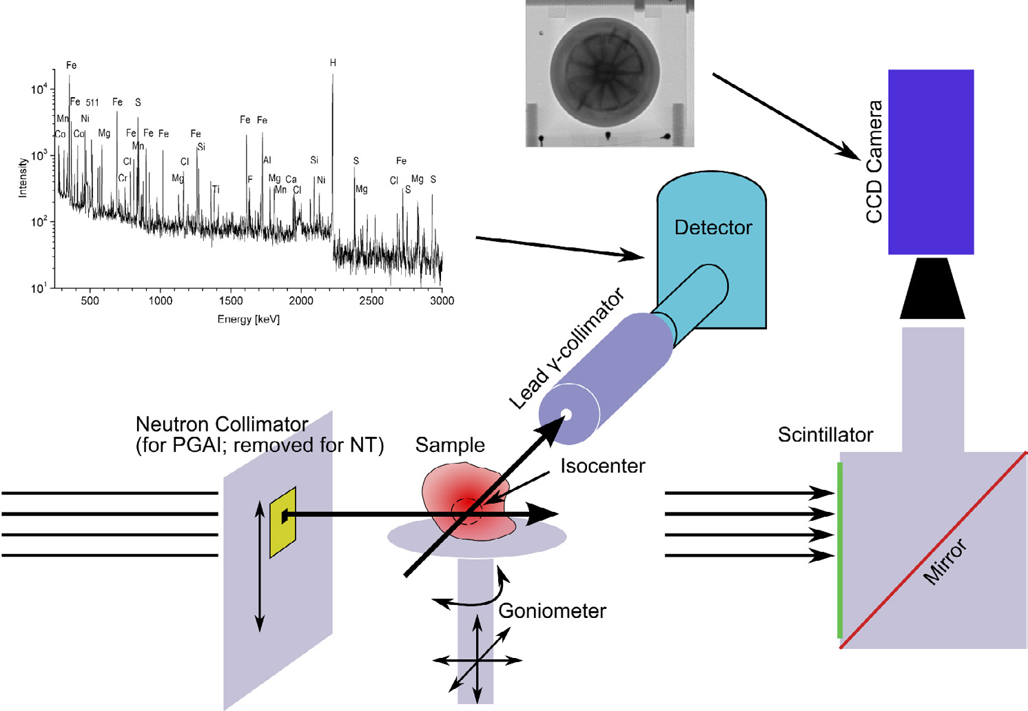 Fig. 6 – Illustration of a combined PGAI/NT setup. For PGAI measurements the neutron collimator is put into the beam, while for NT an open neutron beam is needed.