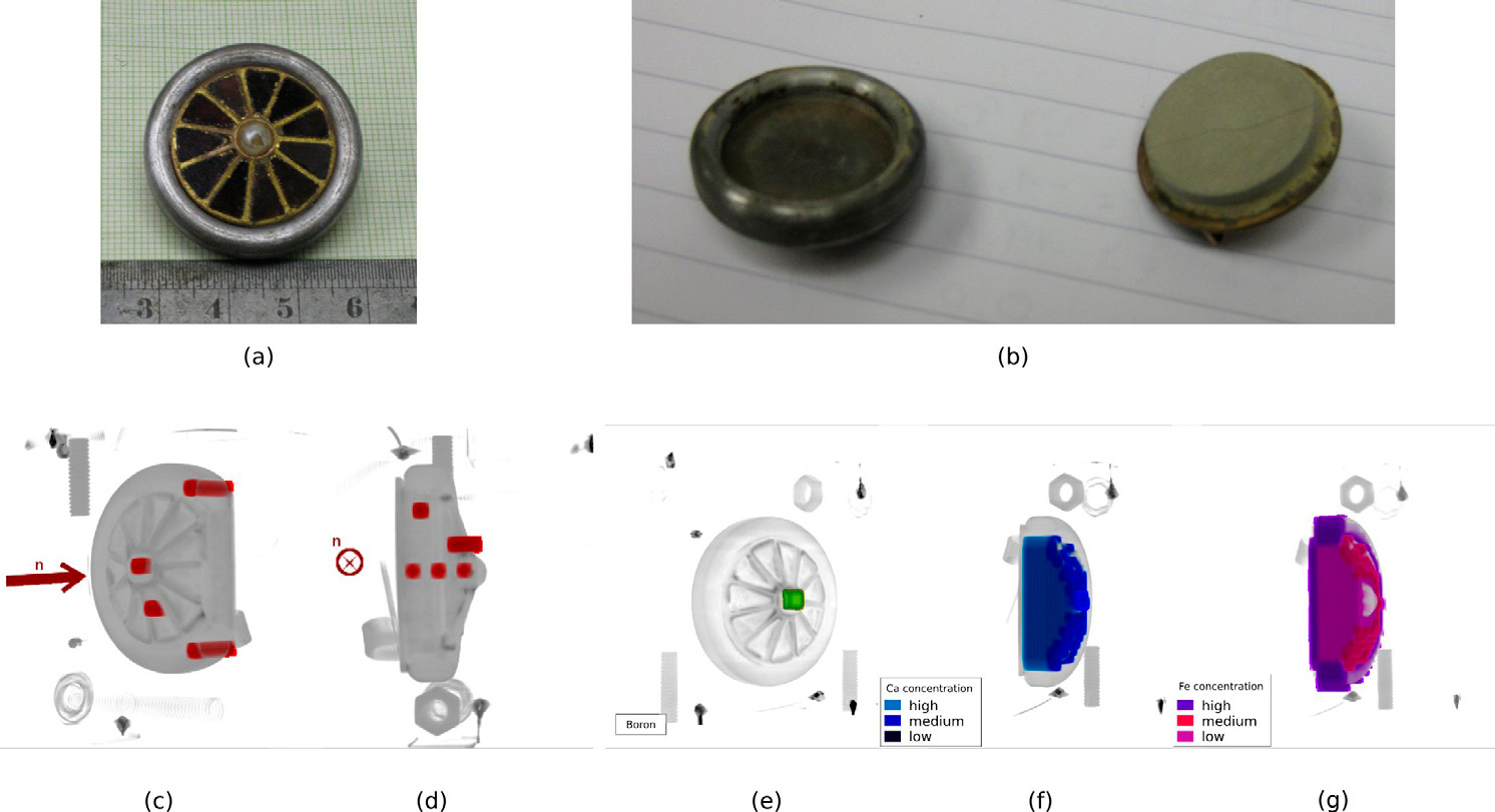 Fig. 7 – PGAI measurement on: (a) Fibula replica with chord geometry. (b) Replica taken apart after analysis; left: top of replica, right: back-plate with filling material. Measurement positions can be seen in (c) for frontal orientation and in (d) for lateral orientation. In combination with the earlier performed NT a 3D elemental distribution can be deduced: (e) Boron in the pearl of the fibula; (f) Calcium in the filling material; (g) Iron mainly in the outer ring of the fibula.