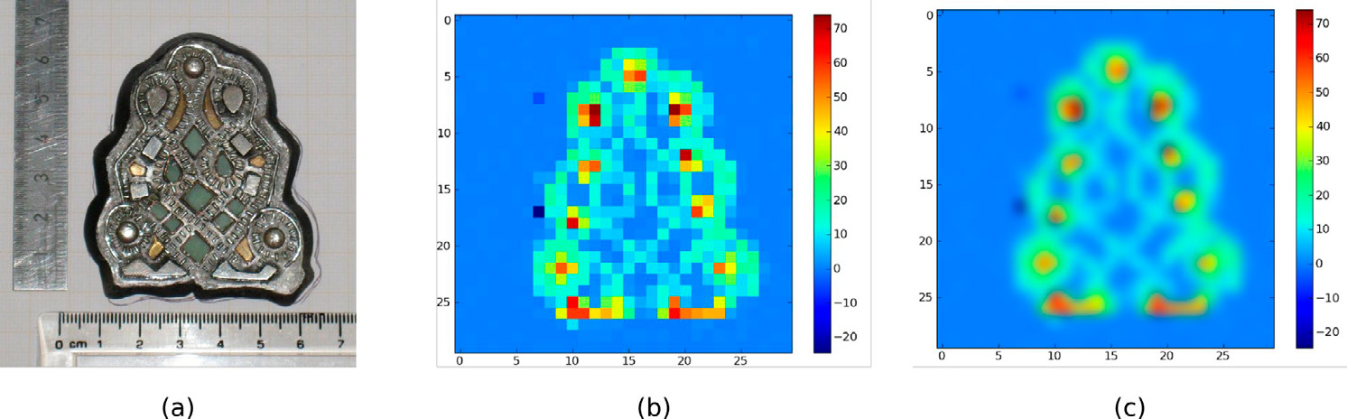 Fig. 9 – NRT on the replica of a belt point shown in (a) measured at the ISIS spallation source. (b) Silver intensities measured with the pixelated neutron detector. The picture is a combination of 3×3 different distinct NRT exposures to cover the whole sample. (c) Bilinear interpolation provides subjective better resolution and a “clearer” image but cannot improve the real resolution (Intensities in arbitrary units).