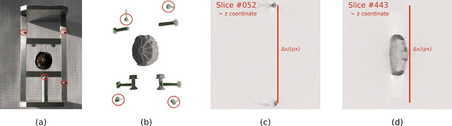 Fig. 11 – Use of reference markers for sample positioning. (a) Fibula sample in holder with reference markers. (b) NT of fibula. The references markers are clearly visible in the reconstruction. (c) and (d) Slices of the NT reconstruction. The slice number gives the z-coordinate. (c) A slice in the middle of the two upper reference markers. The known distance in mm of the reference markers and the distance in pixels in the reconstruction slice give the conversion factor for the transfer of positional information from reconstruction to laboratory system. For the y-axis the lower front reference marker can be used. (d) Slice in the middle of the fibula.