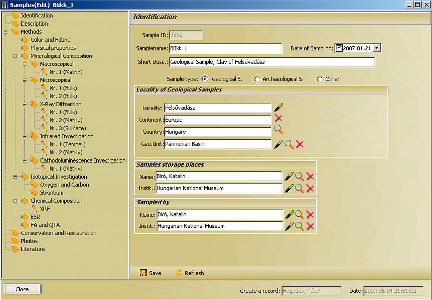 Fig. 2 – Identification sheet including the basic information of the samples: ID, name, sample type, sample storage place, etc.