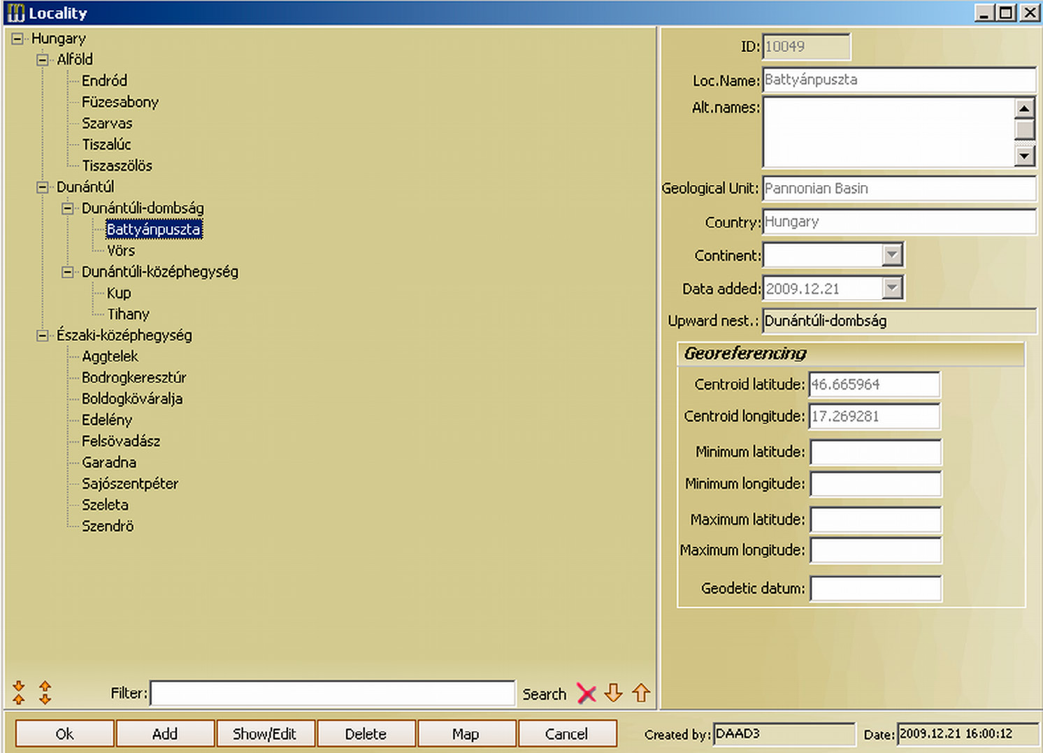 Fig. 3 – Data sheet to enter localities using nesting concept, building a geographic structure pyramid.