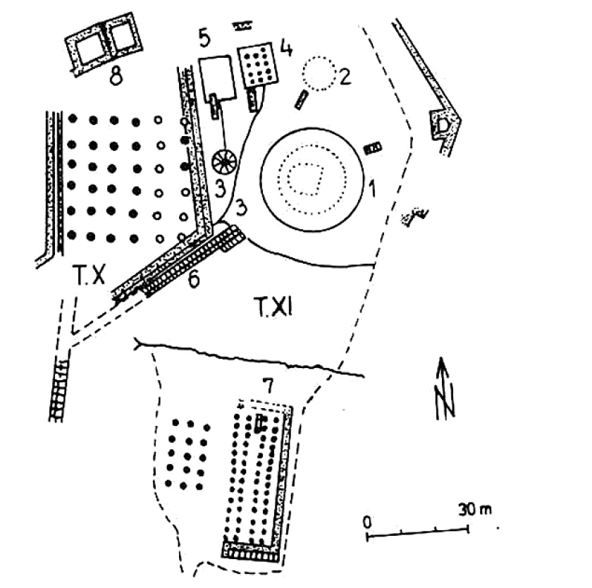 Fig. 6 – The map of the sacred area of Sarmizegetusa Regia: 1. The great round sanctuary; 2. The small round sanctuary; 3. The Andesite Sun; 4. The eastern rectangular sanctuary; 5. The western rectangular sanctuary; 6. The sacred way; 7. The southern old sanctuary; 8. The western new sanctuary.