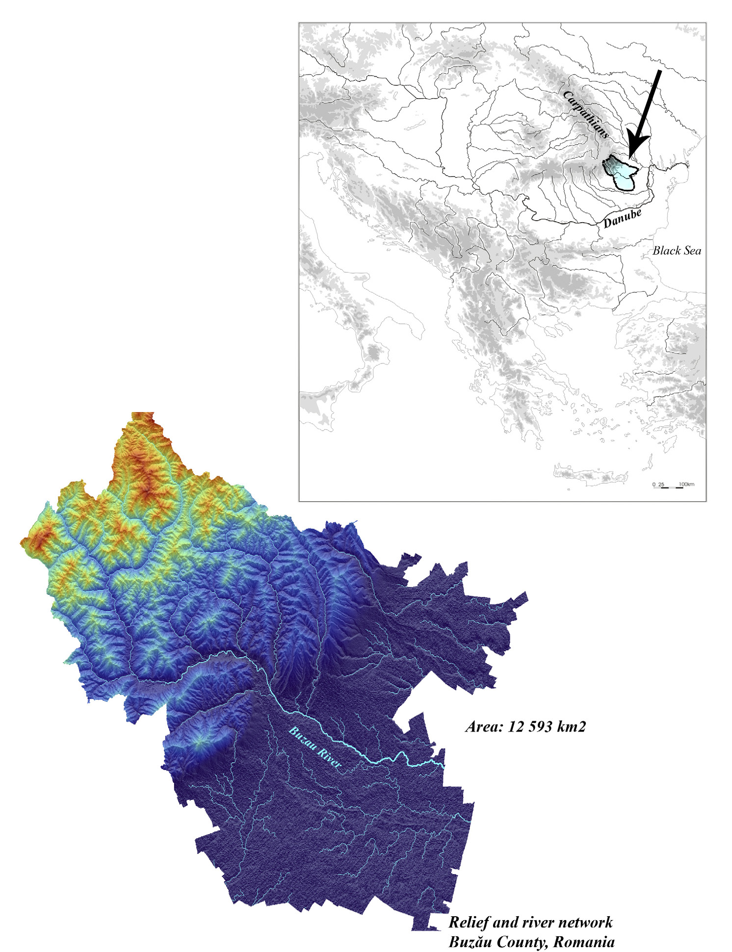 Fig. 1 – The relief and river network of the Buz?u County. General emplacement of the discussed region in the Balkan Peninsula area.