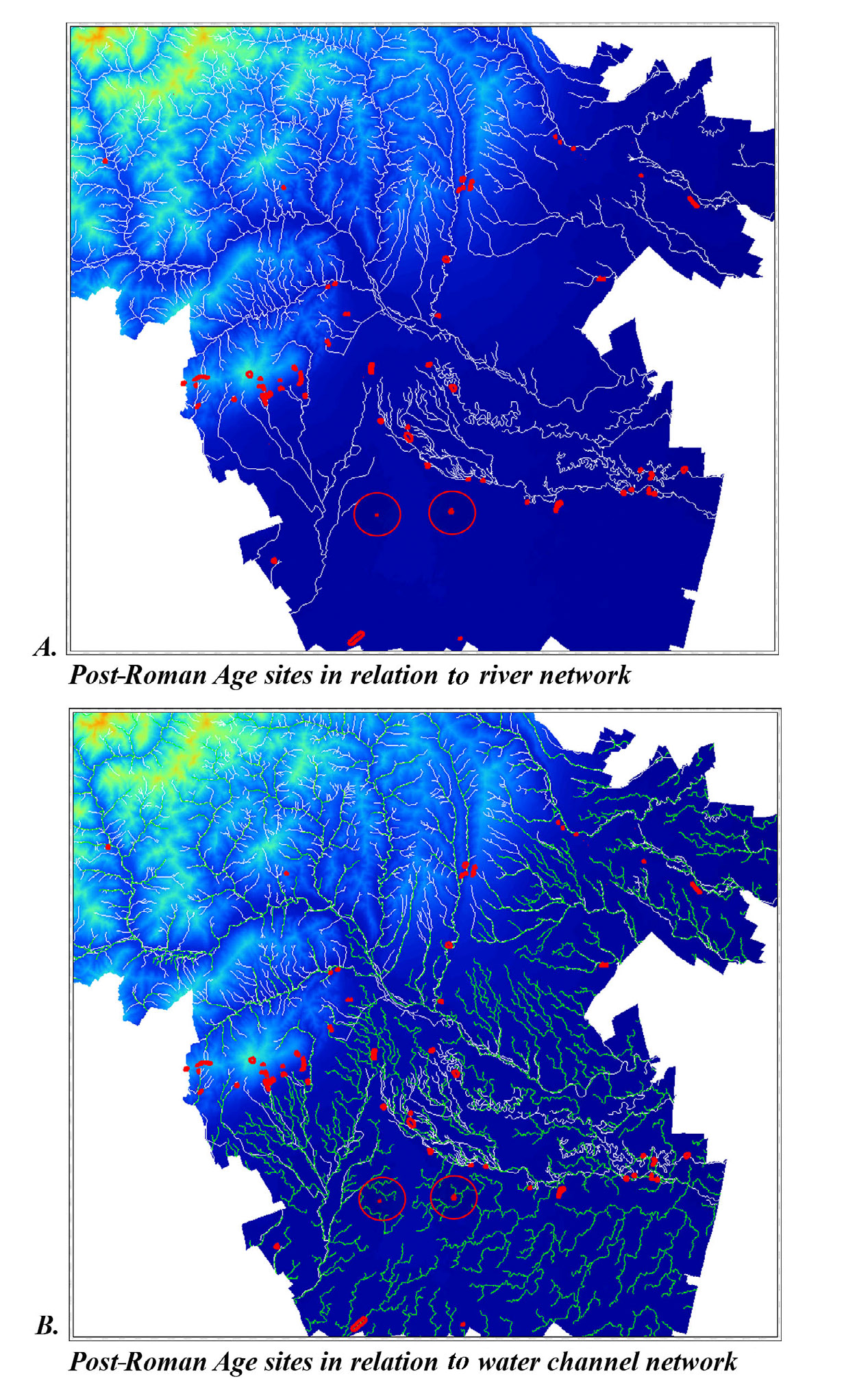 Fig. 4 – Detail of the Buz?u County map showing the distribution of the Post-Roman Age sites. Hydrological Analysis.