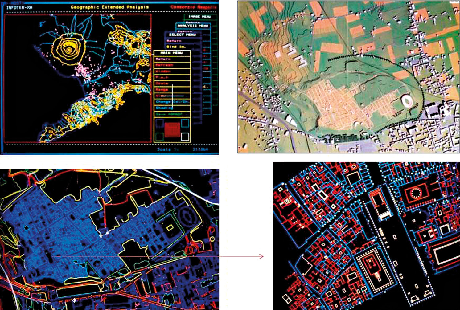 Fig. 1 – Il Progetto “Neapolis” (1987-1989): le basi cartografiche vettoriali del territorio vesuviano con il posizionamento delle evidenze archeologiche del territorio vesuviano (a); ripresa aerofotogrammetrica (b); mappa cartografica numerica generale e di dettaglio di Pompei (c, d).