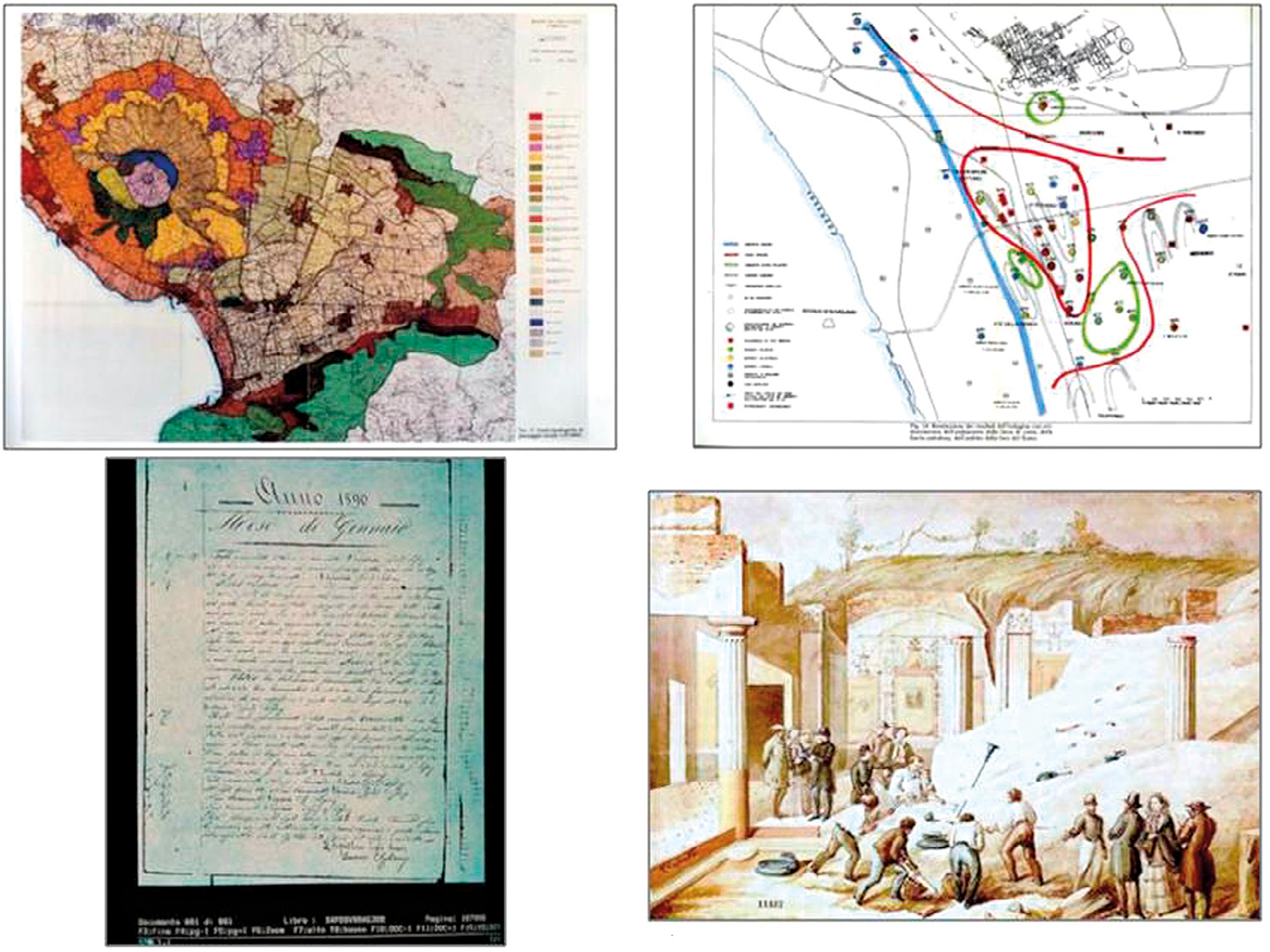 Fig. 2 – Il Progetto “Neapolis” (1987-1989), le attività svolte: le mappe tematiche per la conoscenza e la valorizzazione del territorio (a, b); la catalogazione dei diari di scavo (c) e della documentazione iconografica d’epoca (d).