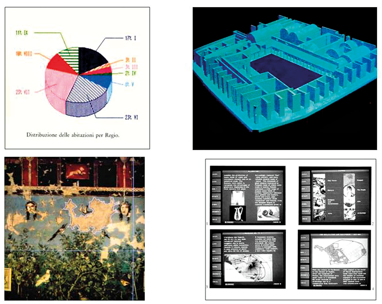 Fig. 3 – Il Progetto “Neapolis” (1987-1989): le elaborazioni quantitativo-statistiche (a); i modelli trimensionali (b); le applicazioni di restauro elettronico (c); gli ipermedia per la fruizione didattica (d).