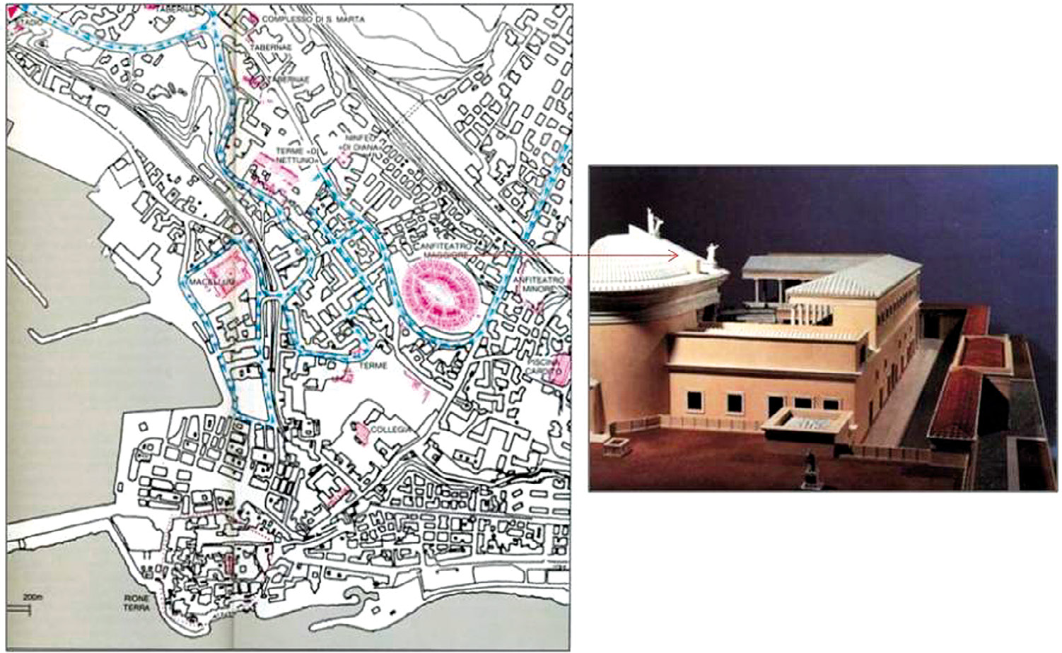 Fig. 4 – Il Progetto “Eubea-Puteoli” (1987-1990): la carta archeologica di Puteoli (a) derivata dal censimento delle evidenze archeologiche nei Campi Flegrei e il plastico del macellum (b).