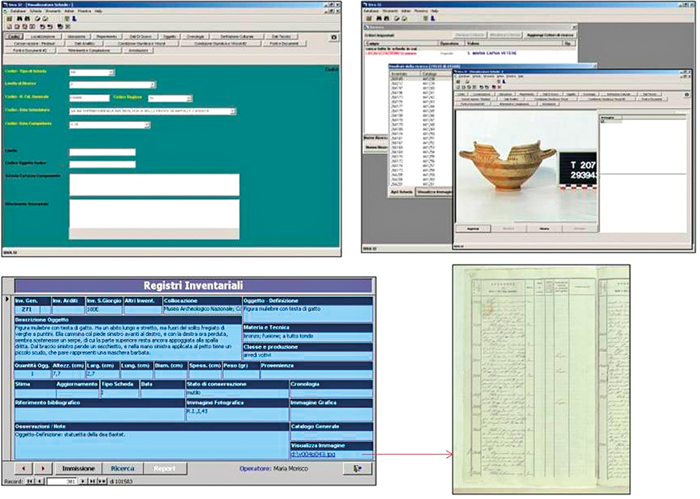 Fig. 5 – Il Progetto “SIVA” (1995-2006): l’applicazione per la catalogazione dei reperti archeologici mobili (a, b). L’applicazione per la trascrizione dei registri di inventario degli oggetti mobili della Soprintendenza per i Beni Archeologici di Napoli e Caserta (c-d).