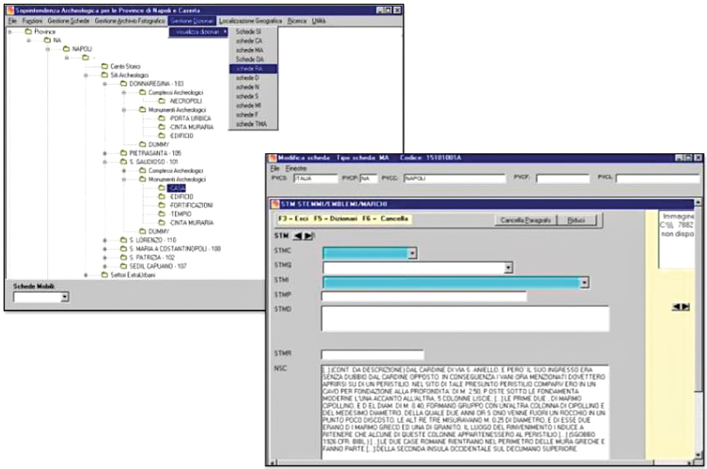 Fig. 6 – Il sistema informativo per il catalogo “SELMO” (2000-2005) per il recupero delle schede del Progetto “Eubea-Puteoli” (1987-1990) e di quelle della “Catalogazione d’emergenza” (1994-1995): struttura gerarchica (a) e interfaccia catalografica (b).