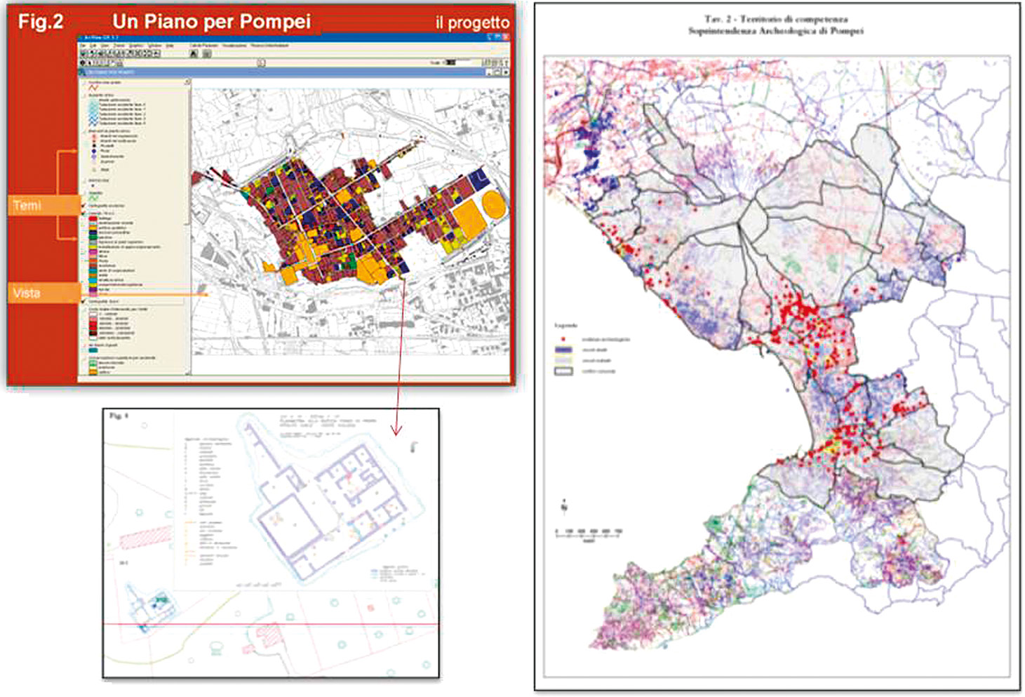 Fig. 7 – I nuovi piani progettuali per la conoscenza di Pompei e del territorio vesuviano (2000-2007): un piano per Pompei e la mappa tematica generale con il dettaglio (a, b); il “SIT Campania”: cartografia delle evidenze archeologiche (c).