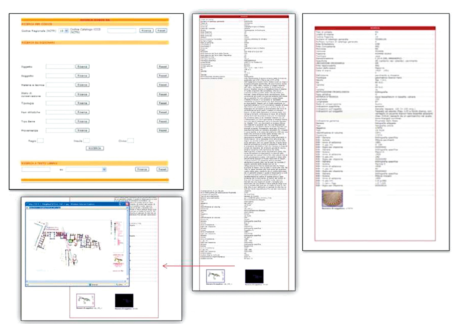 Fig. 8 – Il sistema informativo per il catalogo “SELMO” (2000-2005) per il recupero delle schede del Progetto “Neapolis” (a); ricerca ed estrazione di schede con dettaglio (b, c, d).