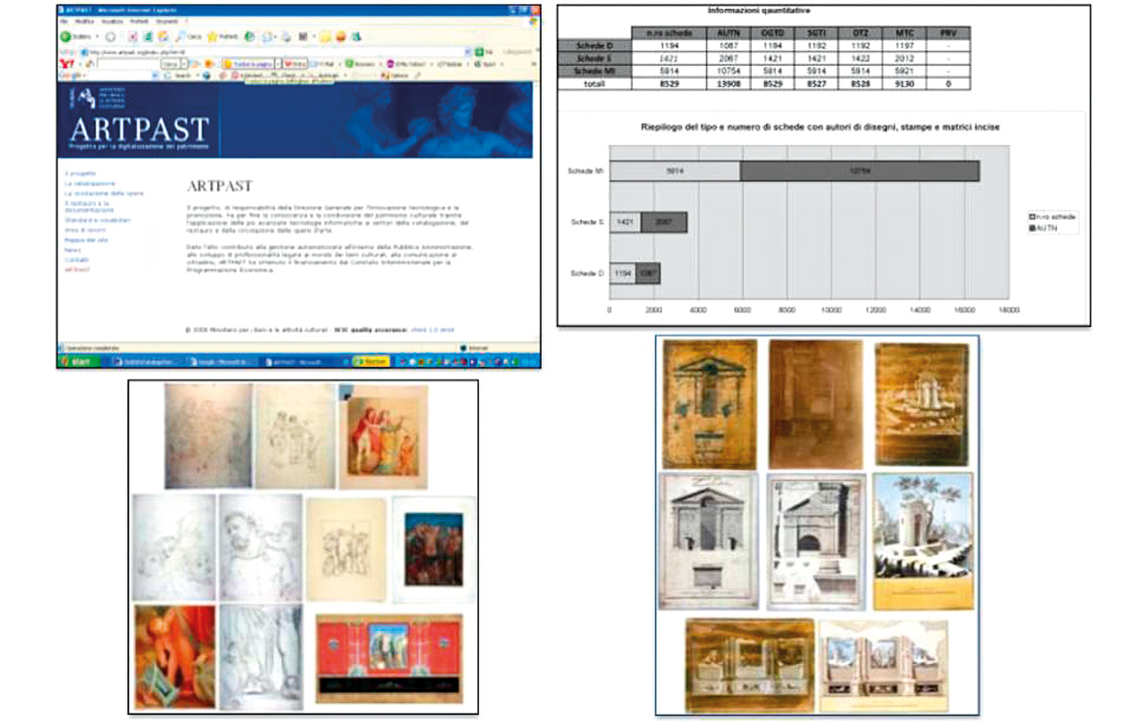 Fig. 9 – La catalogazione dei Progetti “ABECA-TARA” (1992-1994) e “ARTPAST-ARISTOS” (2005-2007) (a) e relativa quantificazione (b) delle schede degli acquerelli di soggetto pompeiano (XIX-XX secolo) (c) e delle matrici di rame incise (XVIII-XIX secolo) (d).