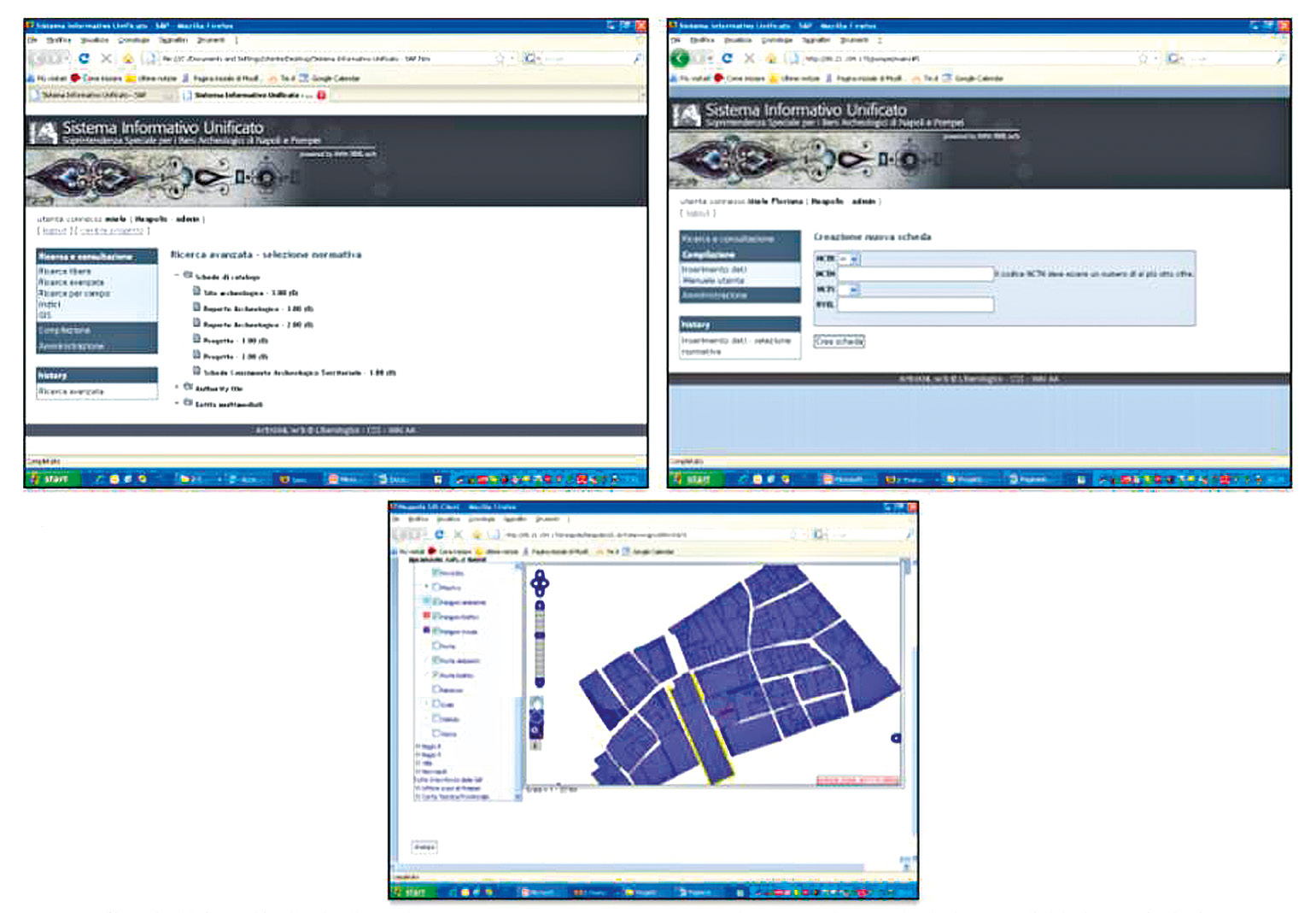 Fig. 10 – Il sistema informativo di catalogo “CRBC” (2002-2005): interfacce di accesso per tipologie di schede (a) e di inserimento dei dati (b); interfaccia di ricerca (c); scheda di catalogo con immagine e posizionamento estratta dalla banca dati in formato ICCD (d).