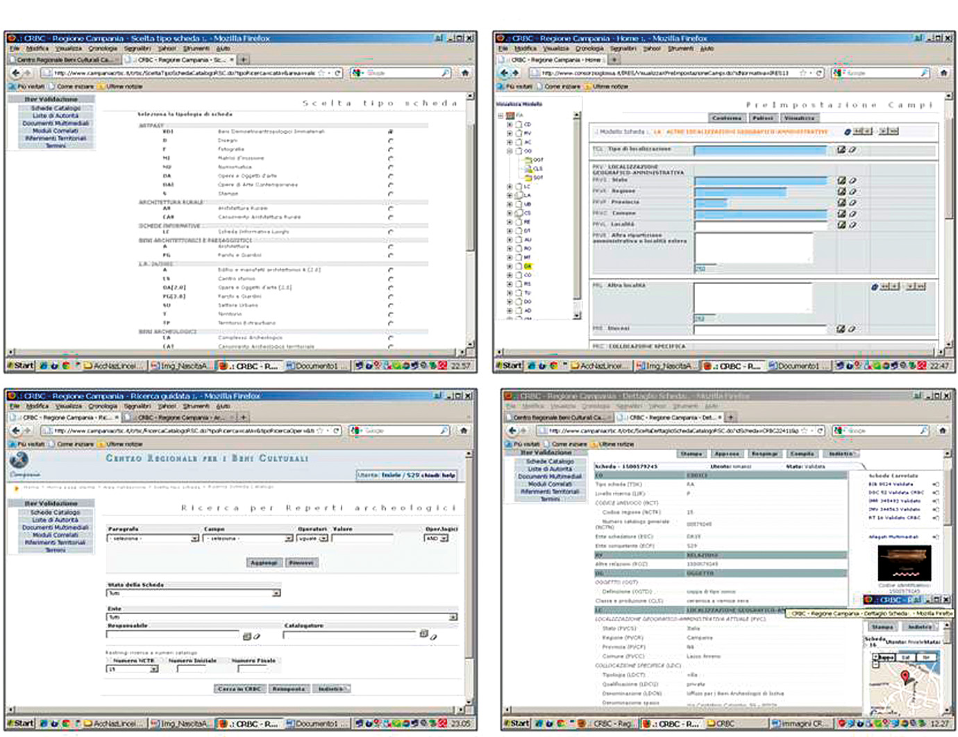 Fig. 11 – Il sistema informativo “SIAV” (2005-2007) e la nuova applicazione integrata di catalogo per Pompei e l’area vesuviana: interfacce di accesso (a) e di ricerca (b); dettaglio cartografico (c).