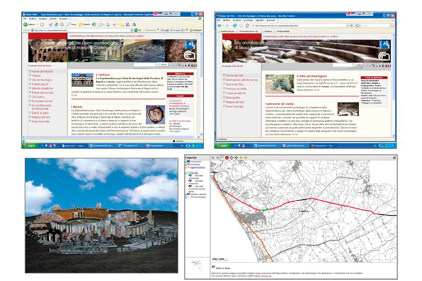 Fig. 13 – Progetti “Re.Mu.Na” e “CIR Campania” (2000-2009). I sistemi informativi distributivi e cooperativi; le applicazioni multimediali per la fruizione di contenuto culturale: nodi web di musei e siti archeologici (a, b); modello tridimensionale dell’Anfiteatro di Capua (c); percorso delle vie Appia e Campana con dettaglio (d).