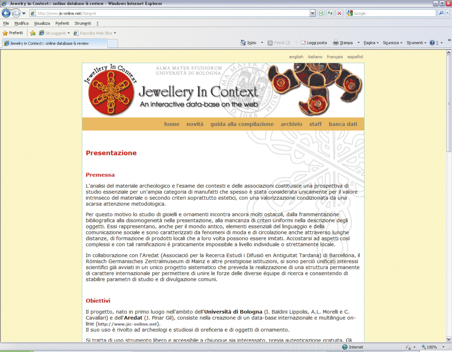 Fig. 1 – Website del progetto JiC – Jewellery in Context (http://www.jic-online.net/).