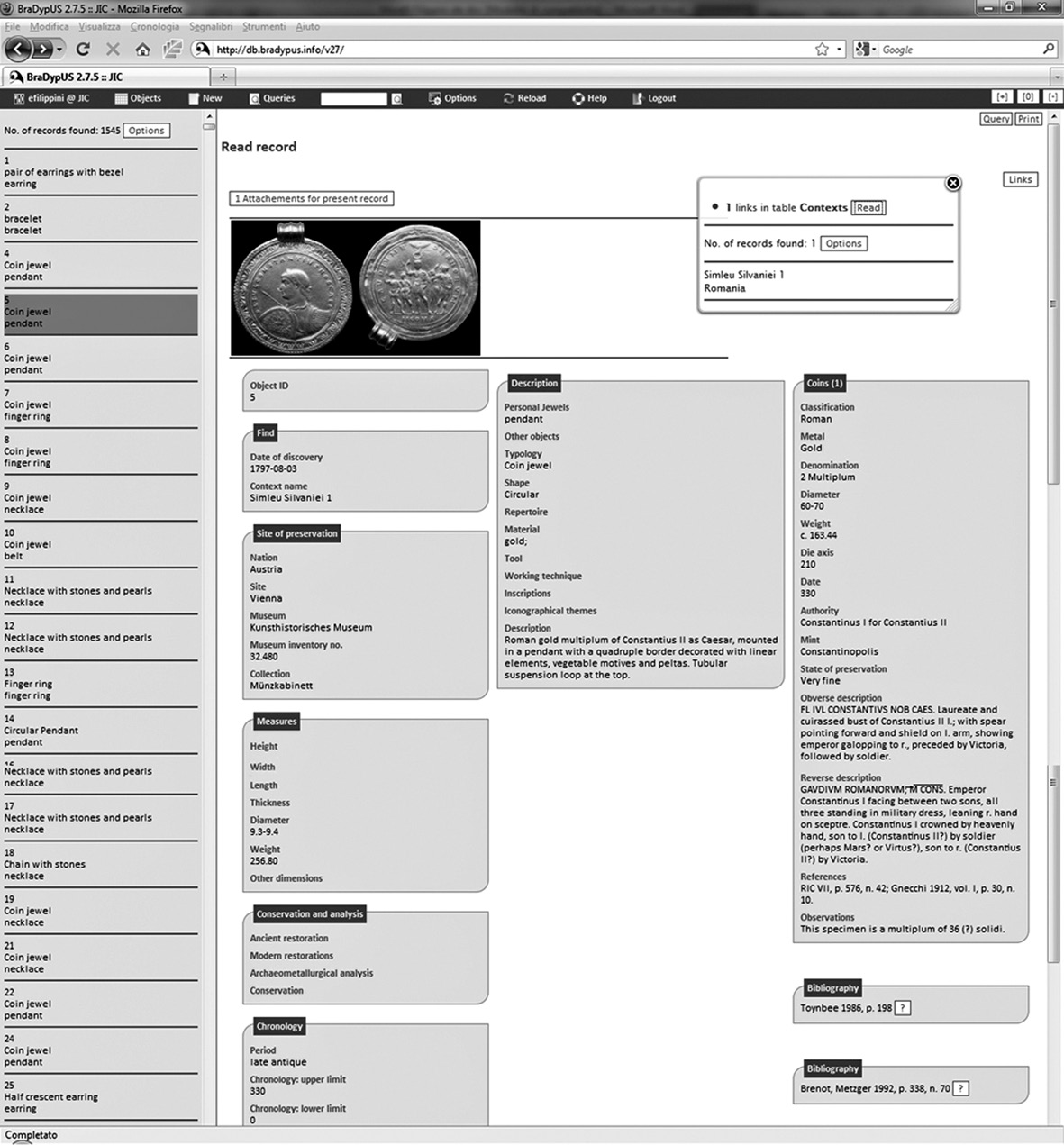 Fig. 3 – Database JiC, tabella Objects: esempio di schedatura di un pendente monetale.