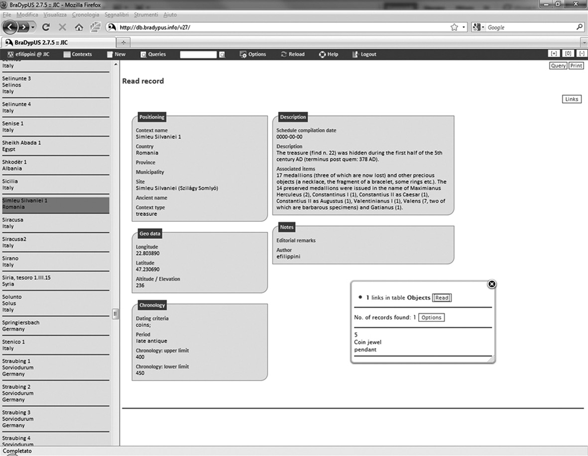 Fig. 4 – Database JiC, tabella Contexts: scheda di esempio.