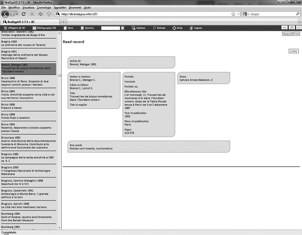 Fig. 5 – Database JiC, tabella Bibliography DB: scheda di esempio.