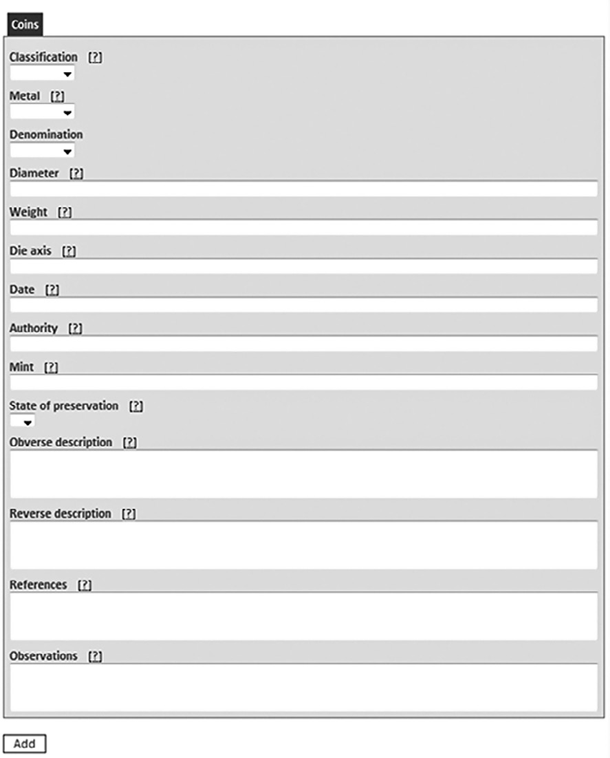 Fig. 7 – Database JiC, tabella Objects: definizione dei campi del pannello Coins.