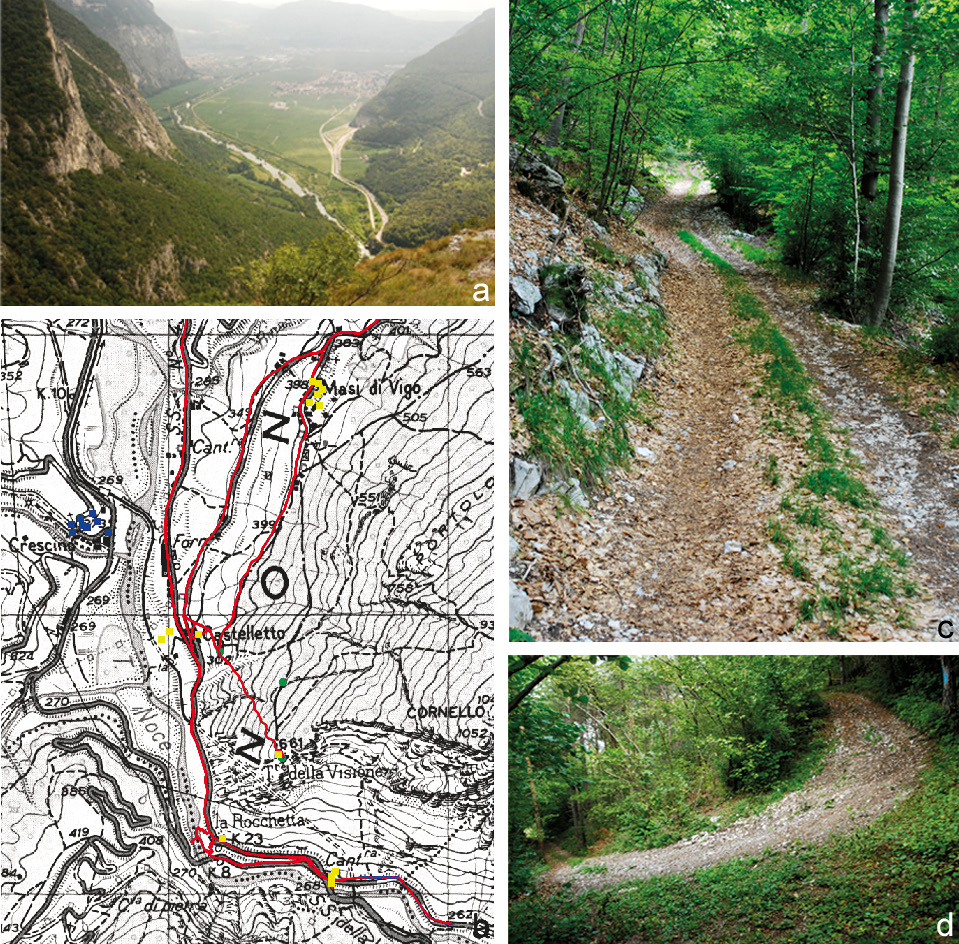 Fig. 4 – Percorso Rocchetta – Castelletto – Masi di Vigo: in rosso il tracciato catastale; in giallo i rinvenimenti archeologici considerati nell’analisi; in blu altre evidenze esterne al Patto Predaia; in verde il posizionamento delle riprese fotografiche (elaborazione e foto M. Frassine).