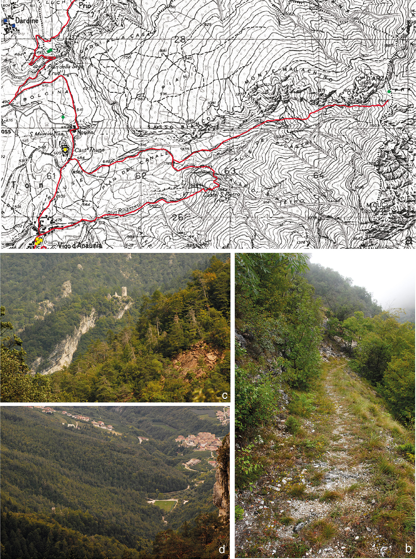 Fig. 6 – Percorso Vigo d’Anaunia – Castel San Pietro – Pra d’Arza e Vigo d’Anaunia – Castel Thun – Priò; in Fig. 6d la Valle dei Pilastri ripresa dal Pra d’Arza: in basso a sinistra si scorge la torre di Castel San Pietro e sullo sfondo gli abitati di Bastianelli e Vigo (elaborazione e foto M. Frassine).