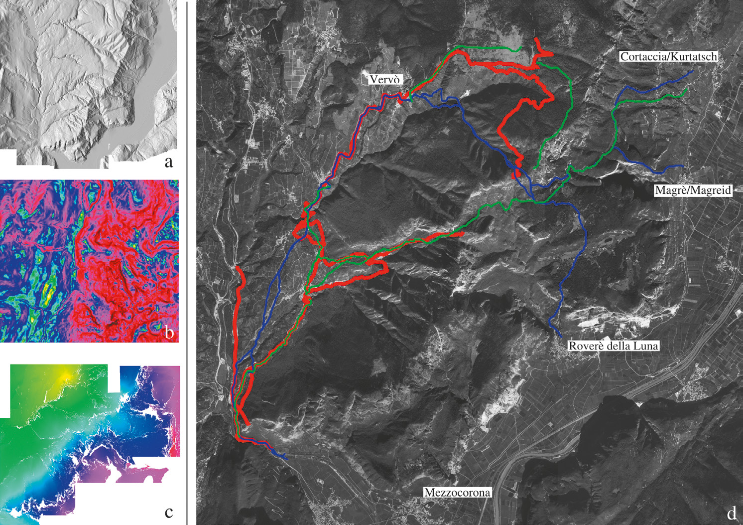 Fig. 9 – a) Modello DTM LIDAR con risoluzione a terra di 1 mq; b) analisi slope su una porzione del territorio pattizio; c) analisi anisotropica attraverso il modulo r.walk; d) risultati finali comparati: in rosso i tracciati ottenuti attraverso l’analisi topografica, in verde il calcolo informatizzato neutro, in blu i percorsi virtuali calibrati (elaborazione di R. Gietl, A. Bezzi, L. Bezzi).