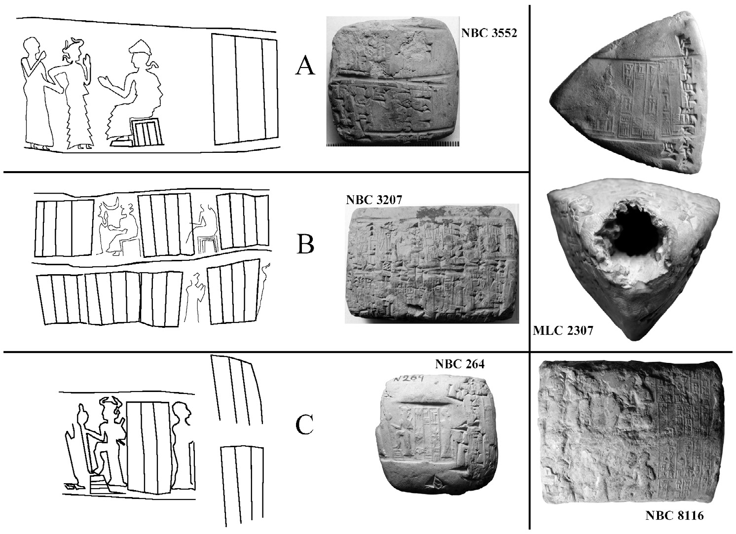 Fig. 1 – Examples of administrative documents and some of the relevant seal impressions (traced on the digital picture); on the right, a tetrahedral label and an envelope. All specimens come from Umma and date to the Ur III period.