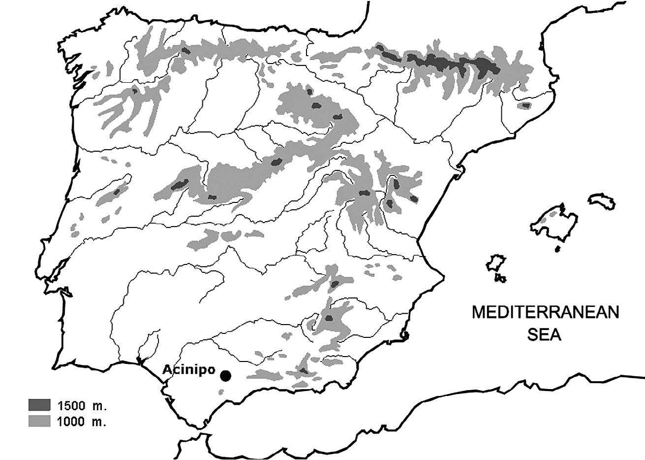 Fig. 1 – Acinipo is located close to the Mediterranean sea and the Guadalquivir river basin.