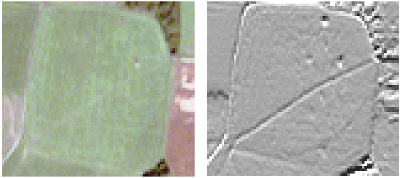 Fig. 11 – Comparison between true color (a) and S index (b) images for C area.