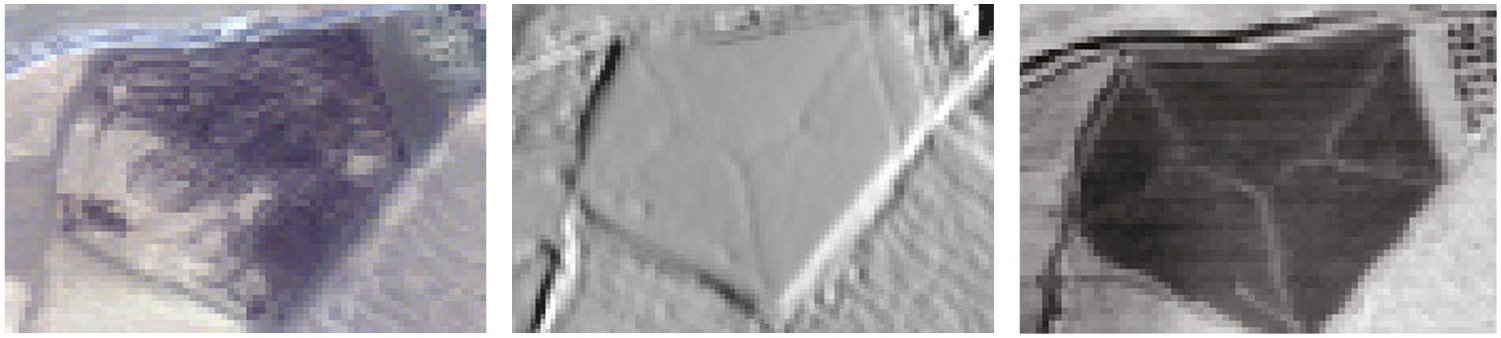 Fig. 14 – Comparison among true color (a), thermal inertial (b) and thermal conductivity (c) images for C area.