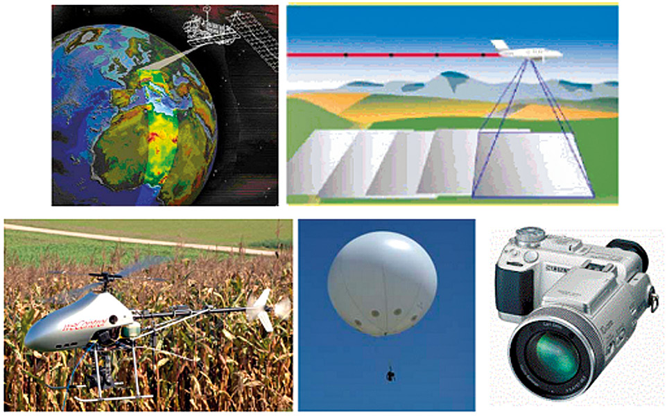 Fig. 7 – Differenti piattaforme (satelliti, aerei, UAV, palloni, terrestri) e sensori (lineari o a matrice) per raccogliere immagini da processare fotogrammetricamente.