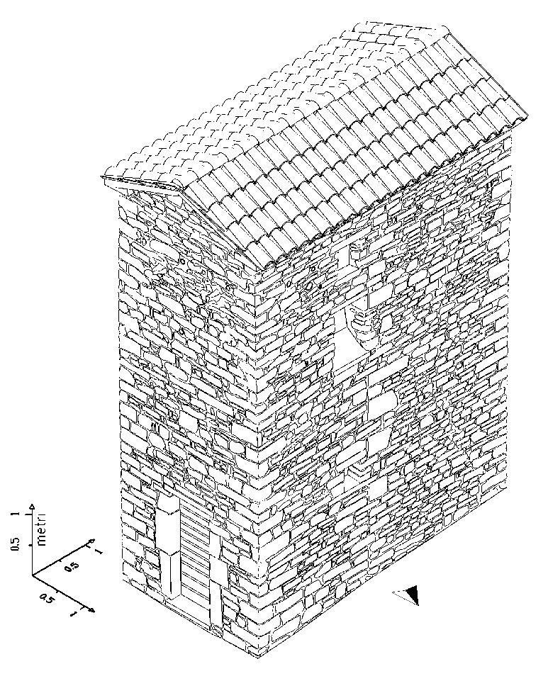 Fig. 6 – Torre di Monte Erno (Galeata, FC). Restituzione tridimensionale degli elementi strutturali e della stratigrafia muraria (vista assonometrica).