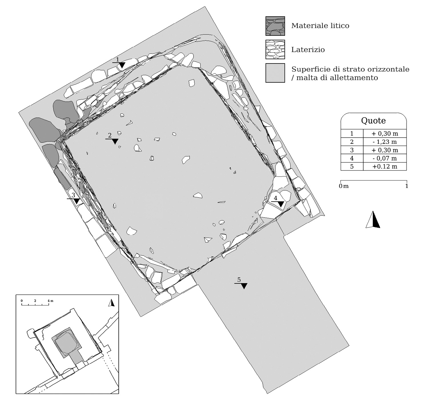 Fig. 8 – Campanile di San Severo (Ravenna, RA). Pianta delle strutture rinvenute all’interno dell’edificio, con individuazione dei diversi materiali costruttivi.