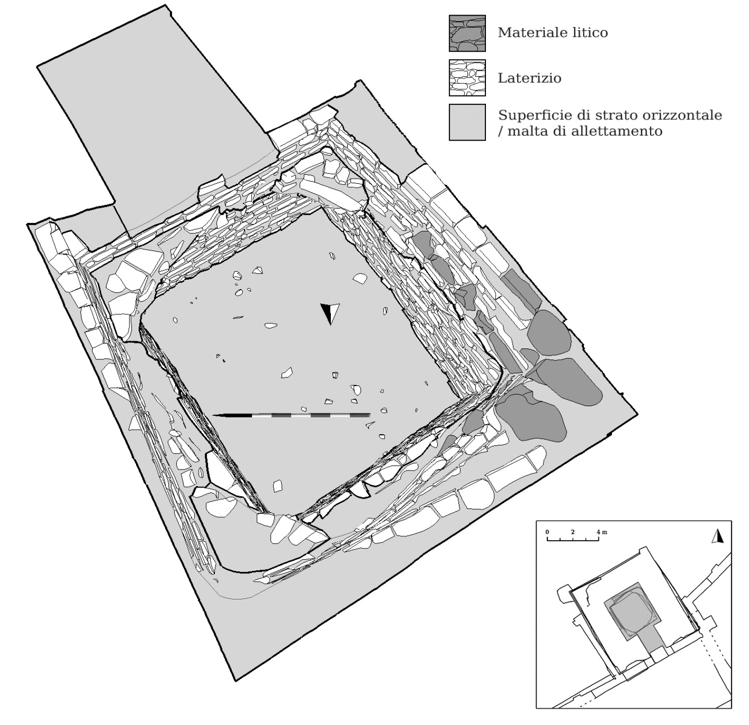 Fig. 9 – Campanile di San Severo (Ravenna, RA). Restituzione tridimensionale della stratigrafia muraria e degli elementi strutturali, con individuazione dei diversi materiali costruttivi (vista prospettica).