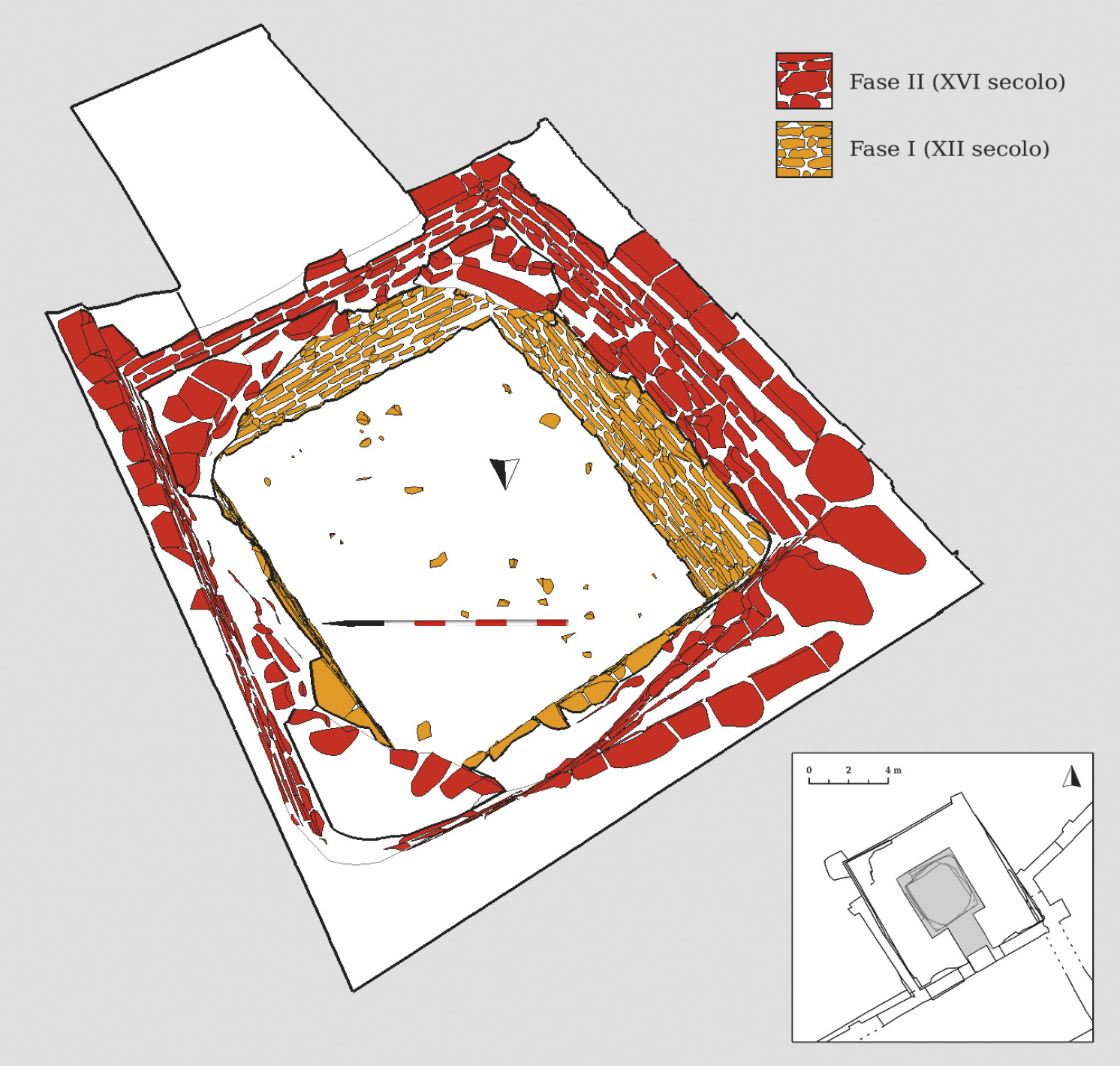 Fig. 10 – Campanile di San Severo (Ravenna, RA). Restituzione tridimensionale degli elementi strutturali e della stratigrafia muraria, con individuazione delle diverse fasi edilizie (vista prospettica).