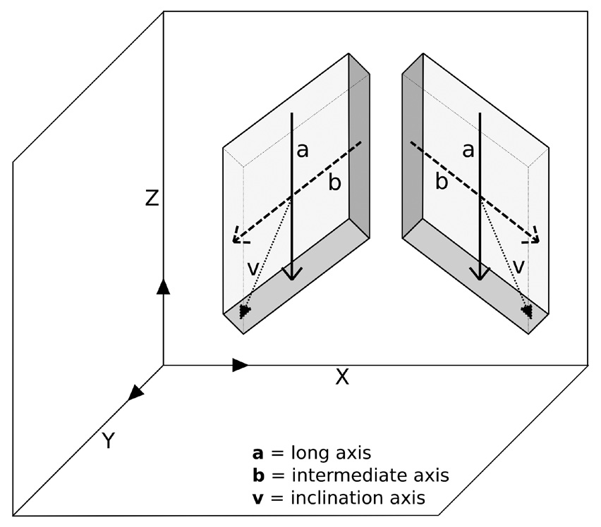 Fig. 2 – Definizione degli assi maggiore (a), intermedio (b), minore (c) (Ricci Lucchi 1980, 118).