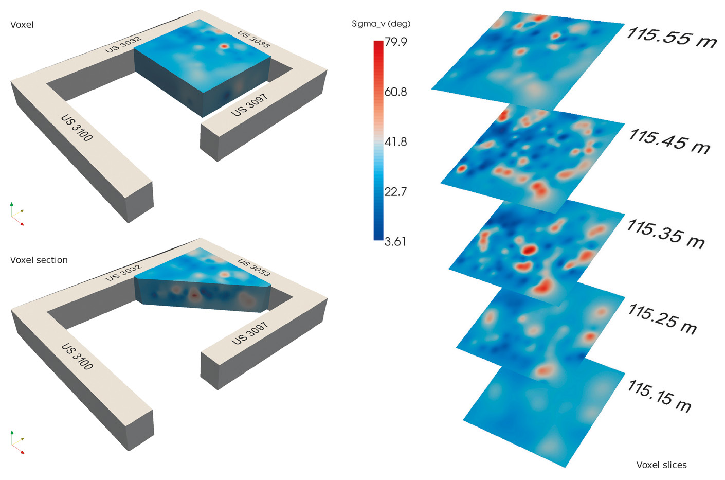 Fig. 13 – Voxel generato dalla posizione dei poligoni e renderizzato sulla base dei valori di plunge dell’asse di inclinazione.