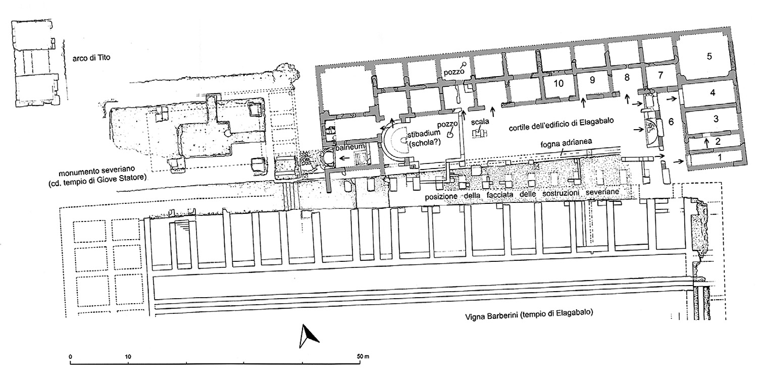 Fig. 1 – Roma, pendici N-E del Palatino. Complesso di Elagabalo (grigio) e sostruzioni settentrionali del Palatino. I numeri indicano gli ambienti in corso di scavo, le frecce i passaggi originari ancora visibili. Il balneum e le due strutture absidate alle estremità del cortile si riferiscono ad epoche successive. I pozzi sono di età arcaica (da Saguì 2009).