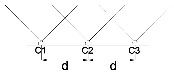 Fig. 4 – Rappresentazione schematica della retta ideale “r”; “d” rappresenta la distanza costante sulla retta tra i singoli punti di ripresa (C1, C2, C3).