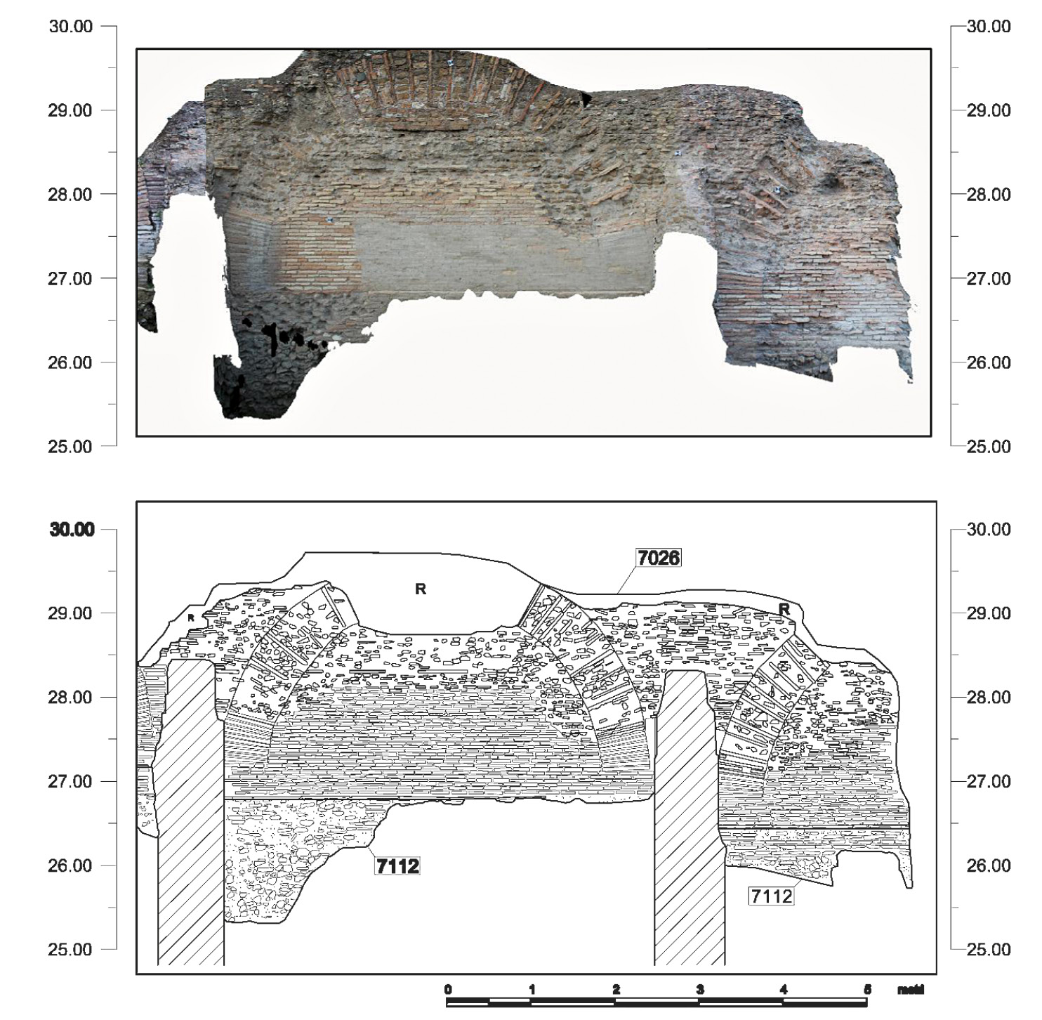 Fig. 11 – Particolare dell’ortofotomosaico realizzato dal modello 3D a nuvola di punti ed elaborazione grafica del prospetto S del muro di fondo degli ambienti settentrionali delle “Terme di Elagabalo”.